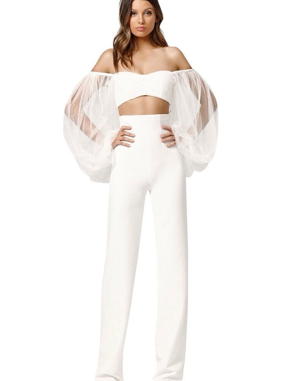 Better Be White Off-Shoulder Sheer-Sleeve Jumpsuit